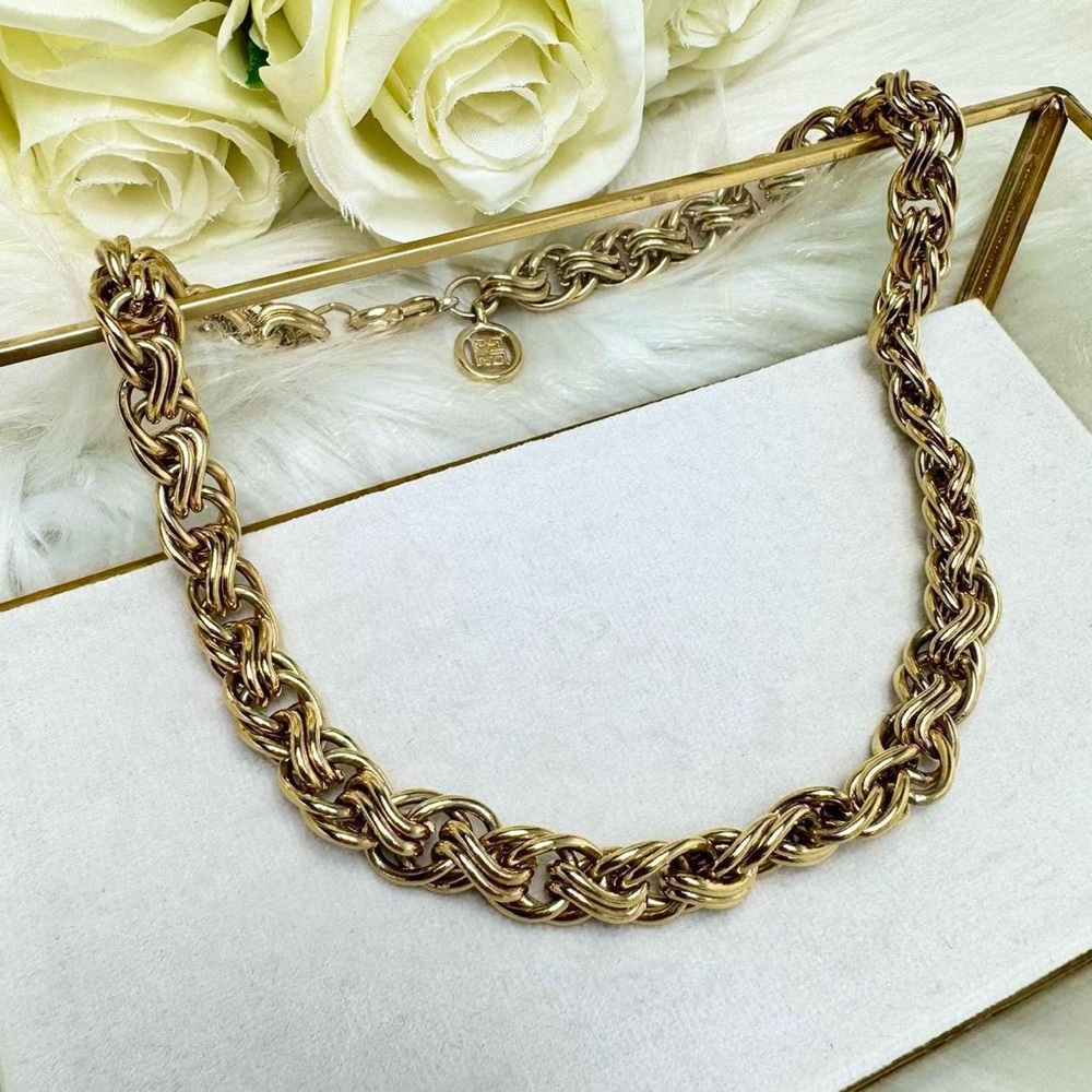 Vintage 80s Givenchy Woven Chain Link Gold Tone Chunky Necklace